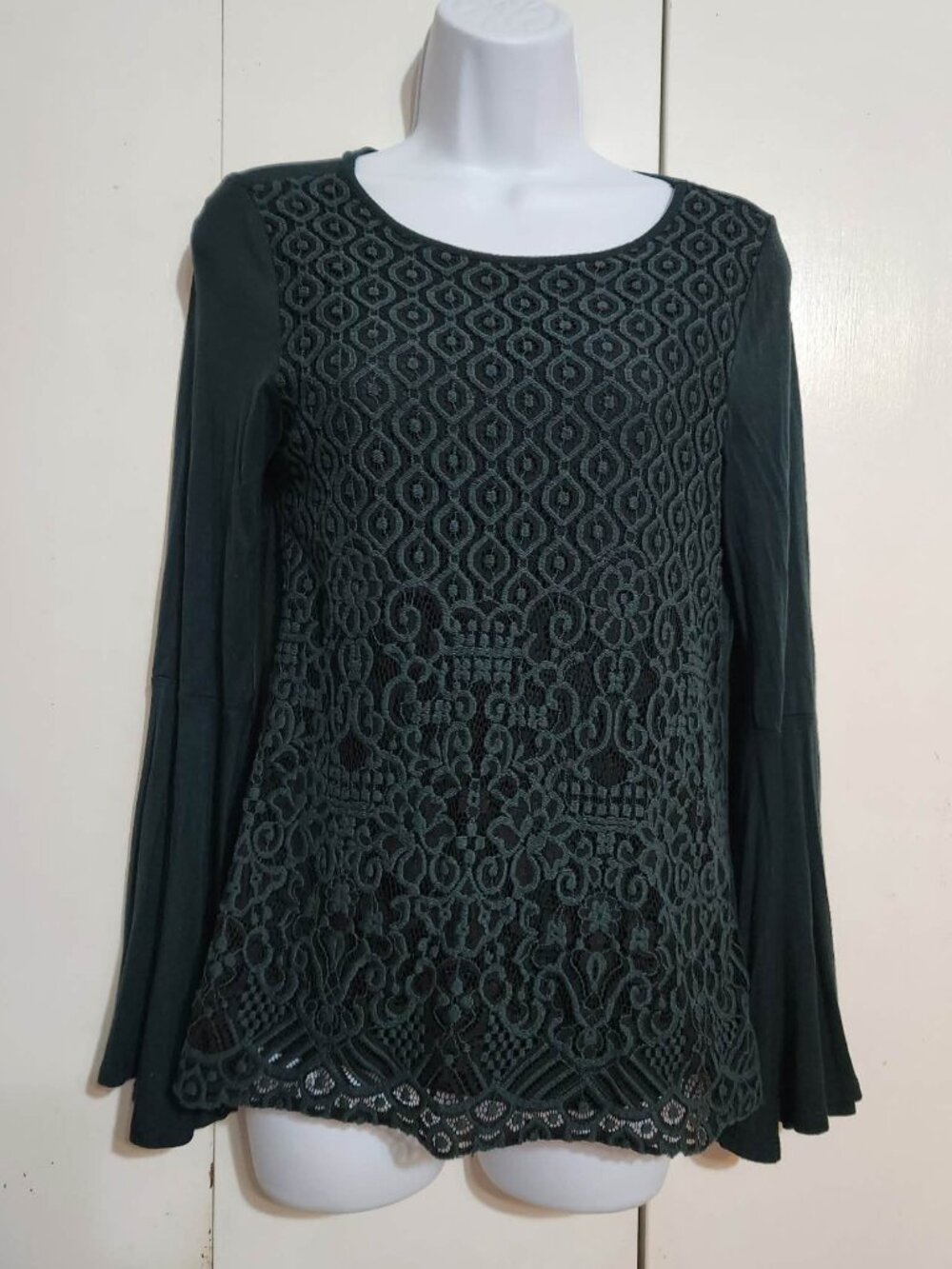 Pointelle Shirt Womens Small S Dark Green Lace Overlay Bell Sleeve Boho Blouse